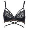 Delicate Green Embroidery Black Mesh Triangle Cup Thong Suit with Diamond Chain Neck