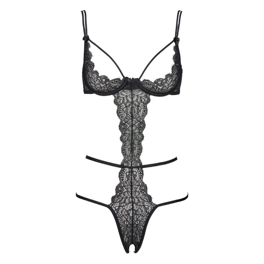 Black Eyelash Lace One-Piece Lingerie with Open Crotch and Steel Ring