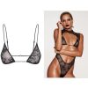 Delicate Green Embroidery Black Mesh Triangle Cup Thong Suit with Diamond Chain Neck