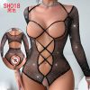 Women's Long Sleeve Hollow Out Mesh Fishnet Bodysuit Bandeau Bikini Style Lingerie
