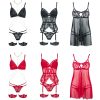 Black Mesh Sheer Embroidered Lingerie Set for Women - Sexy Waist-Cinching Nightdress