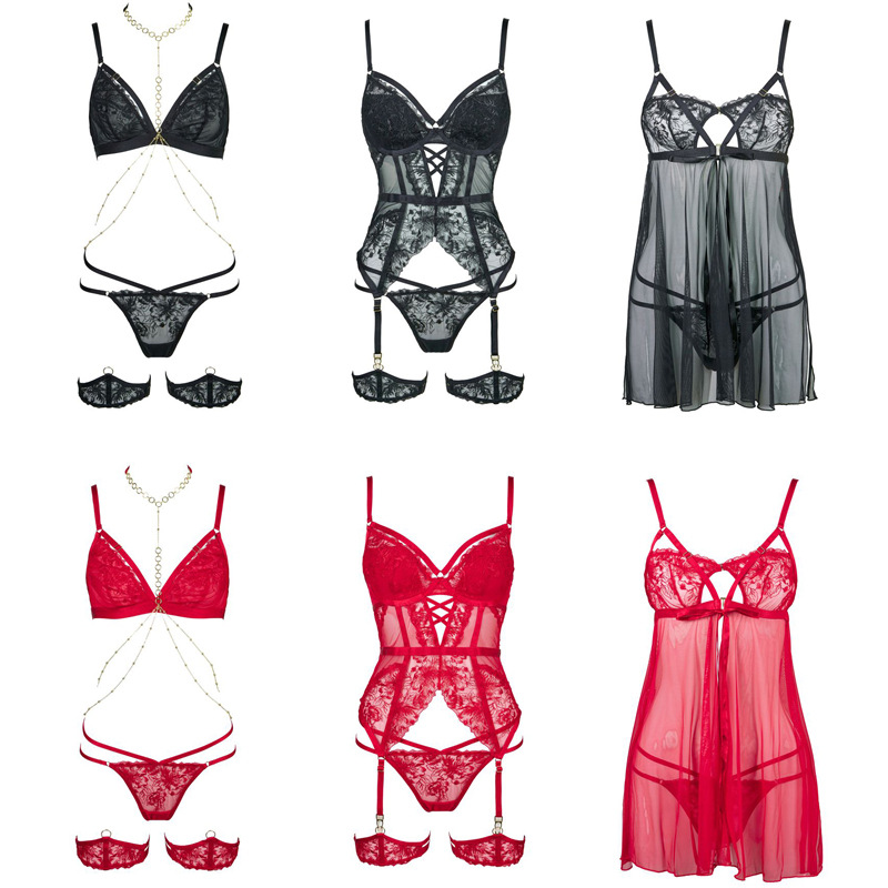 Black Mesh Sheer Embroidered Lingerie Set for Women - Sexy Waist-Cinching Nightdress