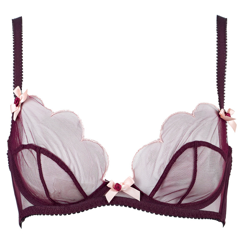 Purplish Red Embroidered AP Tulle Bra & Panty Set for Big Busts - Image 6