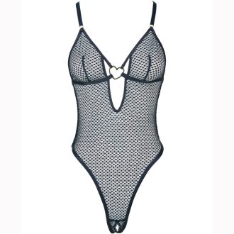 Black Mesh Heart Buckle Open Crotch Jumpsuit Sexy Perspective Temptation