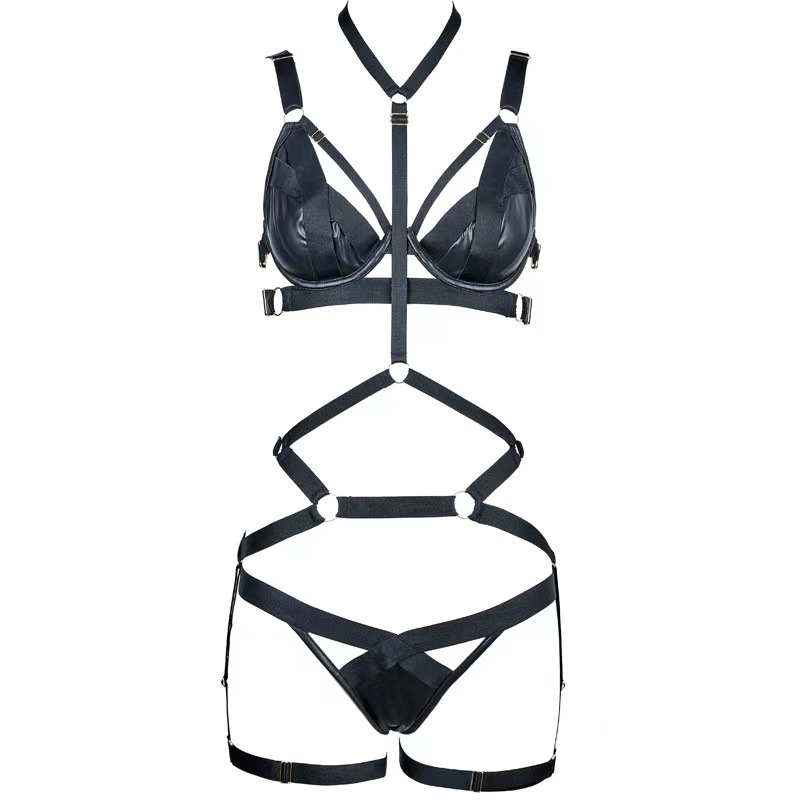 Matte Faux Leather Halter Bra & Thong Set with Adjustable Steel Ring and Leg Garter