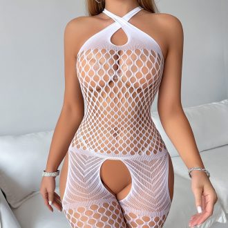 Sexy Jacquard Mesh Open Crotch Pajamas with Hanging Chest Detail & Socks