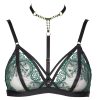 Delicate Green Embroidery Black Mesh Triangle Cup Thong Suit with Diamond Chain Neck