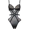 Sexy Black Lace Mesh Jumpsuit with Open Crotch and Hip Detail