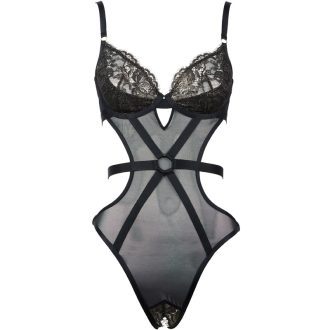 Sexy Black Lace Mesh Jumpsuit with Open Crotch and Hip Detail