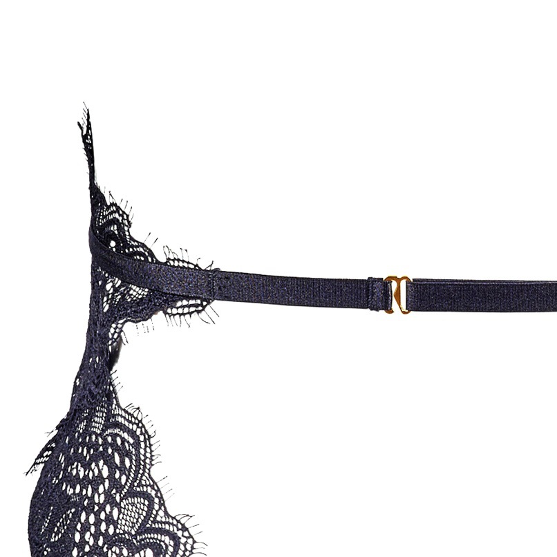 Women's Black Elastic Lace Deep V Halter Backless Jumpsuit with Open Crotch