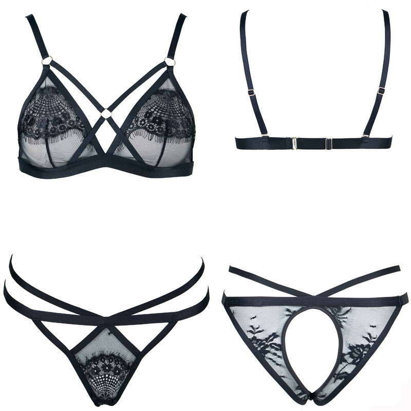 Sexy Eyelash Lace Triangle Cup Mesh Pajama Charm Suit