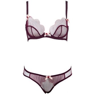 Purplish Red Embroidered AP Tulle Bra & Panty Set for Big Busts