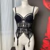 Black Mesh Sheer Embroidered Lingerie Set for Women - Sexy Waist-Cinching Nightdress