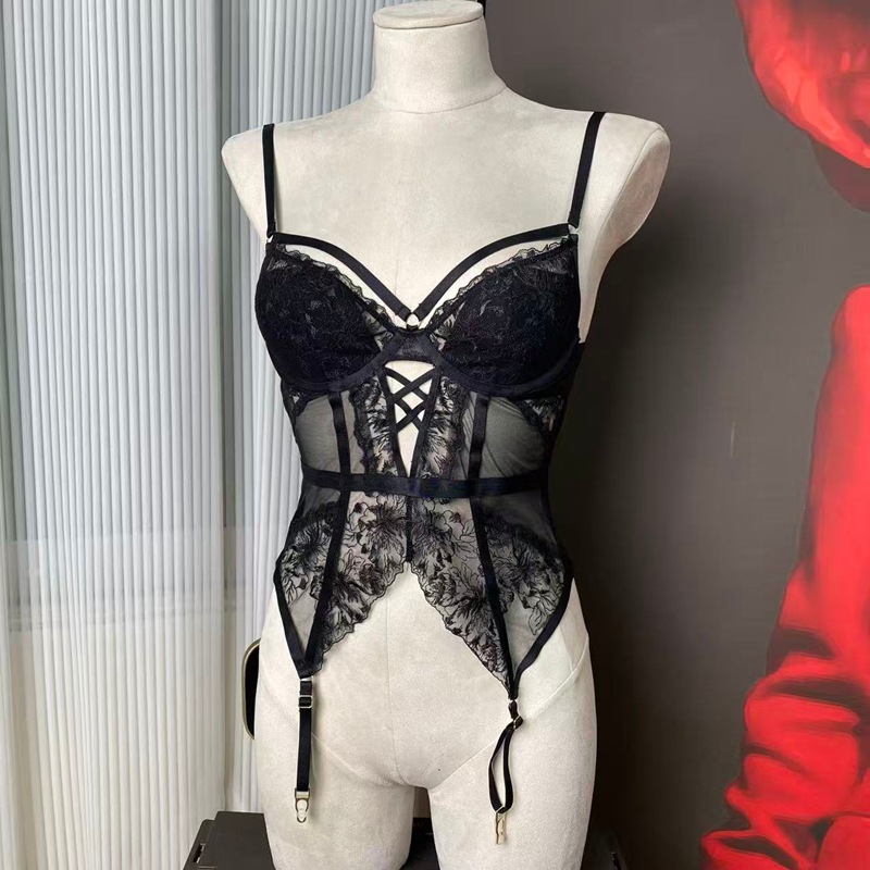 Black Mesh Sheer Embroidered Lingerie Set for Women - Sexy Waist-Cinching Nightdress - Image 6