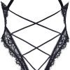 Black Elastic Lace Deep V Backless Bodysuit with Cross Straps