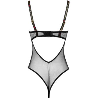 Black Steel Ring Lace Mesh Splicing Light Push-Up Jumpsuit with Cotton Crotch