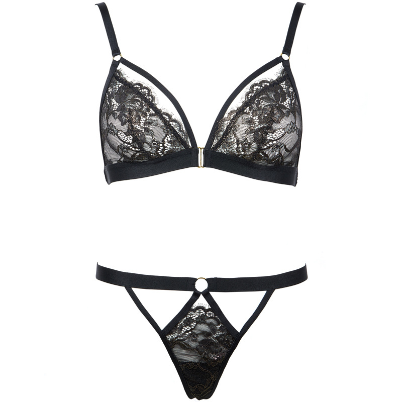 Ultra-Thin Gold Silk Lace Triangle Bra & Low-Waist T-Pants Set - Image 2