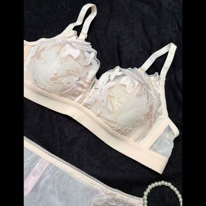 Laser Embroidered Wire-Free Breathable Cotton Bra Set with Thin Mesh Splicing - Image 5
