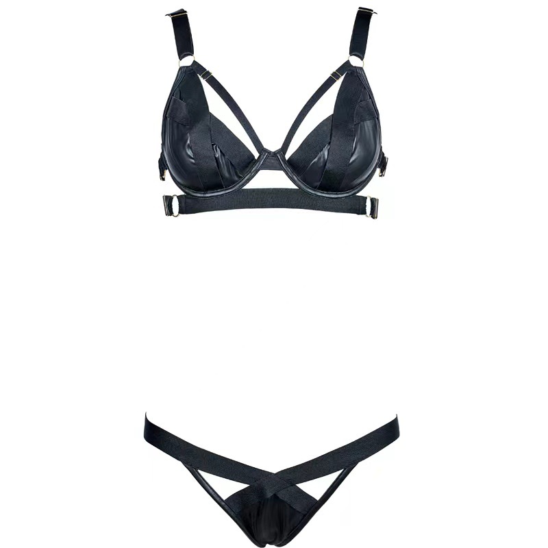 Matte Faux Leather Halter Bra & Thong Set with Adjustable Steel Ring and Leg Garter - Image 4