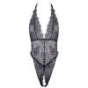 Women's Black Elastic Lace Deep V Halter Backless Jumpsuit with Open Crotch