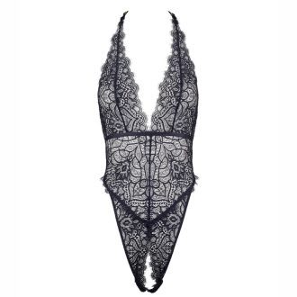Women’s Black Elastic Lace Deep V Halter Backless Jumpsuit with Open Crotch