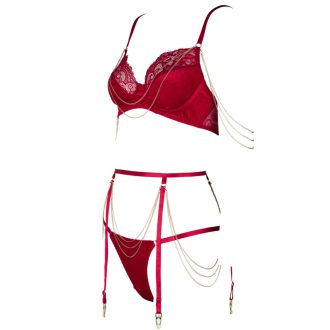 Luxury Velvet Lace French Bra & Briefs Set with Gold Chain Detail