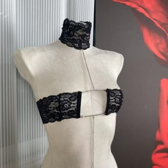 Black Lace Rhinestone Neckline Sexy Lingerie Top