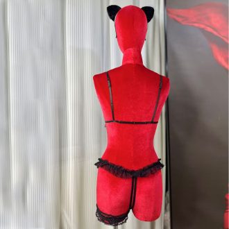 Cute Lace Bow Cat Ear Bra Set with Leg Loop