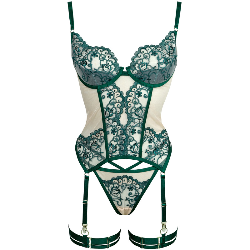 FQ2859 Mesh Embroidery Hollow Steel Ring G-String Leg Harness - Image 3