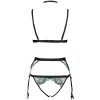 Delicate Green Embroidery Black Mesh Triangle Cup Thong Suit with Diamond Chain Neck