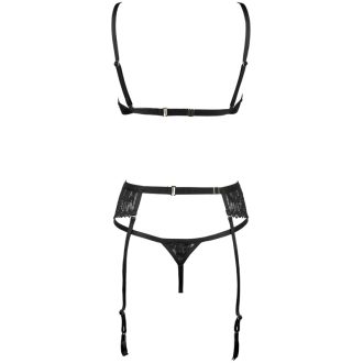 Black French Lace Triangle Bra Thong Garter Belt Set
