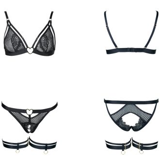 French Lace Jacquard Mesh Heart Buckle Triangle Cup Sexy Bra Bralette & Thong Set