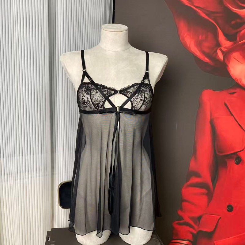 Black Mesh Sheer Embroidered Lingerie Set for Women - Sexy Waist-Cinching Nightdress - Image 7