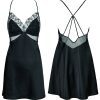 Black Heart Embroidered Mesh Satin Nightgown with Detachable Bra