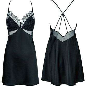 Black Heart Embroidered Mesh Satin Nightgown with Detachable Bra