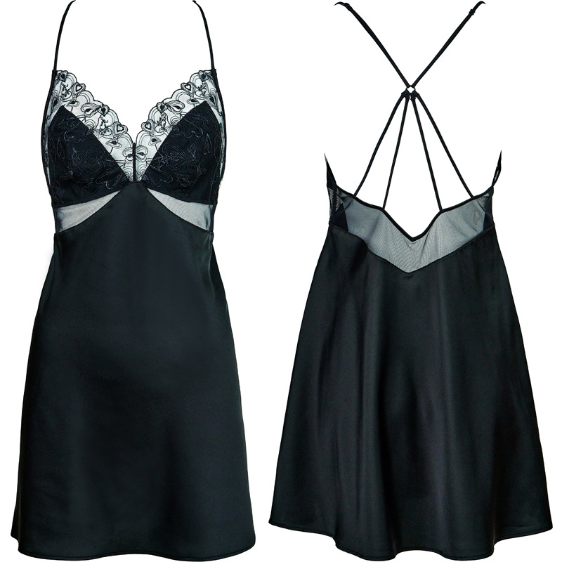 Black Heart Embroidered Mesh Satin Nightgown with Detachable Bra - Image 2
