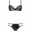 Sexy Black Lace Satin Bra & Panty Set - Hollow Design, Low Waist