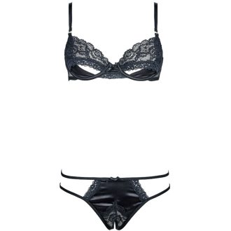 Sexy Black Lace Satin Bra & Panty Set – Hollow Design, Low Waist
