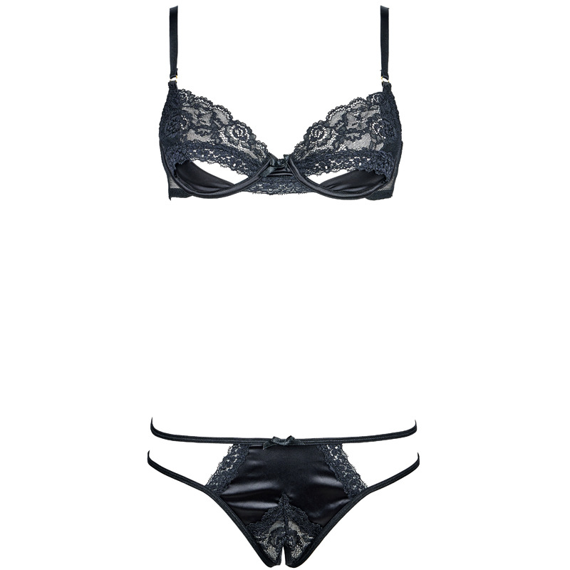 Sexy Black Lace Satin Bra & Panty Set - Hollow Design, Low Waist - Image 2