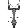Black Eyelash Lace One-Piece Lingerie with Open Crotch and Steel Ring
