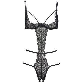 Black Eyelash Lace One-Piece Lingerie with Open Crotch and Steel Ring