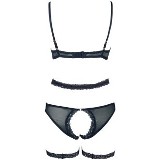 Black Lace Trim Padded Underwire Bra & Thong Garter Set for Women