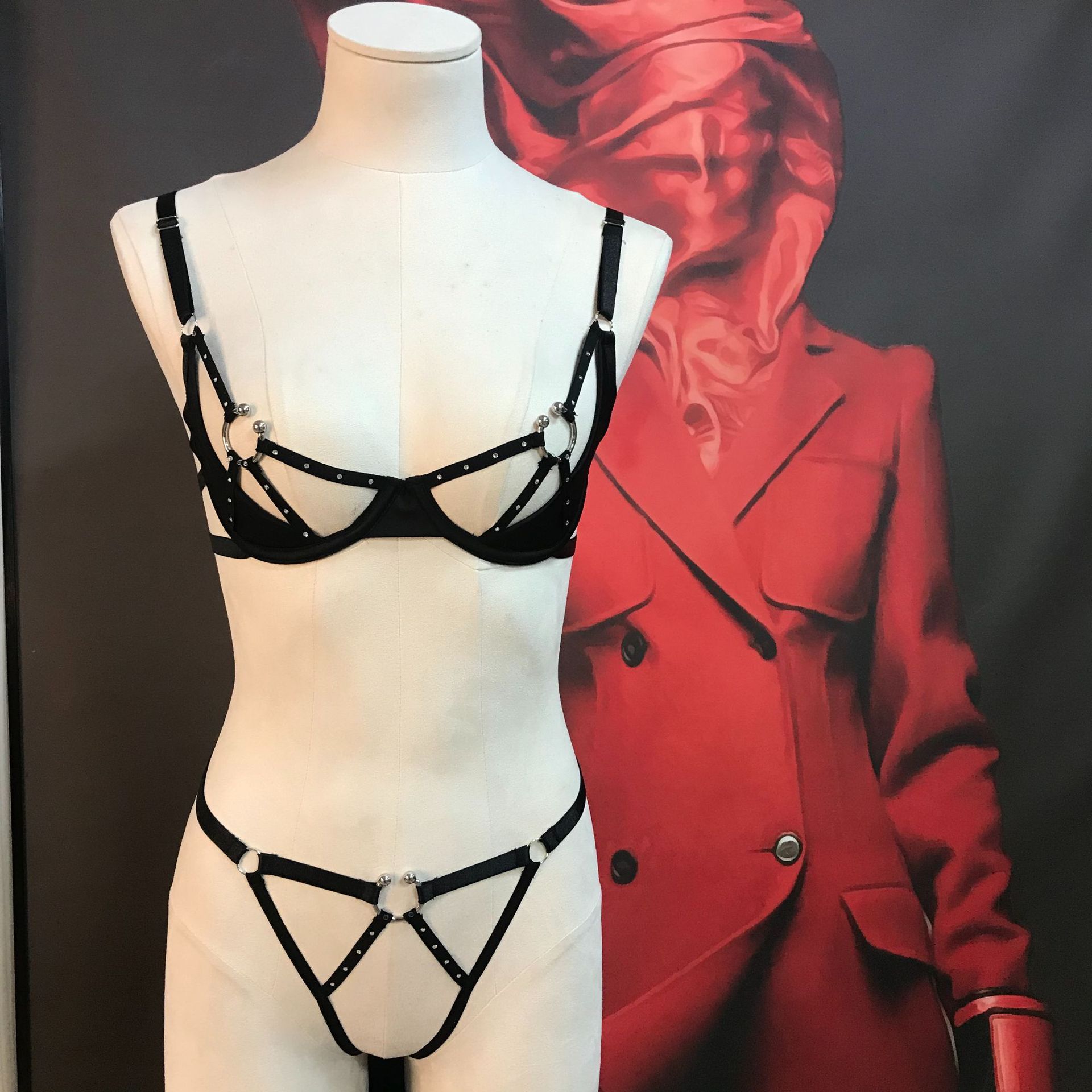 Sexy Rhinestone Strap Hollow Cotton Cup Bra & Open Crotch Panty Set - Image 2