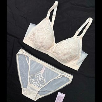 Breathable Cotton Wire-Free Triangle Bra & Mesh Low-Waist Briefs Set