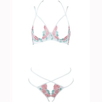 White Rose Embroidered Mesh Steel Bracket Open Crotch Bra Set for Women