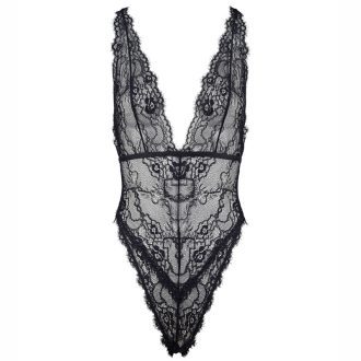 Black Elastic Lace Deep V Backless Bodysuit with Cross Straps