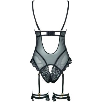Women’s Sexy Lace Mesh See-Through Jumpsuit with Open Crotch and Leg Circles – Black