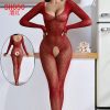 Women's Long Sleeve Hollow Out Mesh Fishnet Bodysuit Bandeau Bikini Style Lingerie