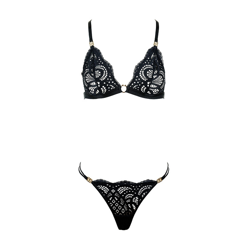 French Pure Desire Lace Triangle Cup Low Waist Thong Sexy Cross Back Lingerie Set - Image 2