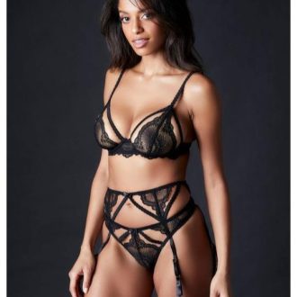 Black Lace Hollow-Out Sexy Bra & Garter Set – Thin Cup Lingerie with Matching Panty